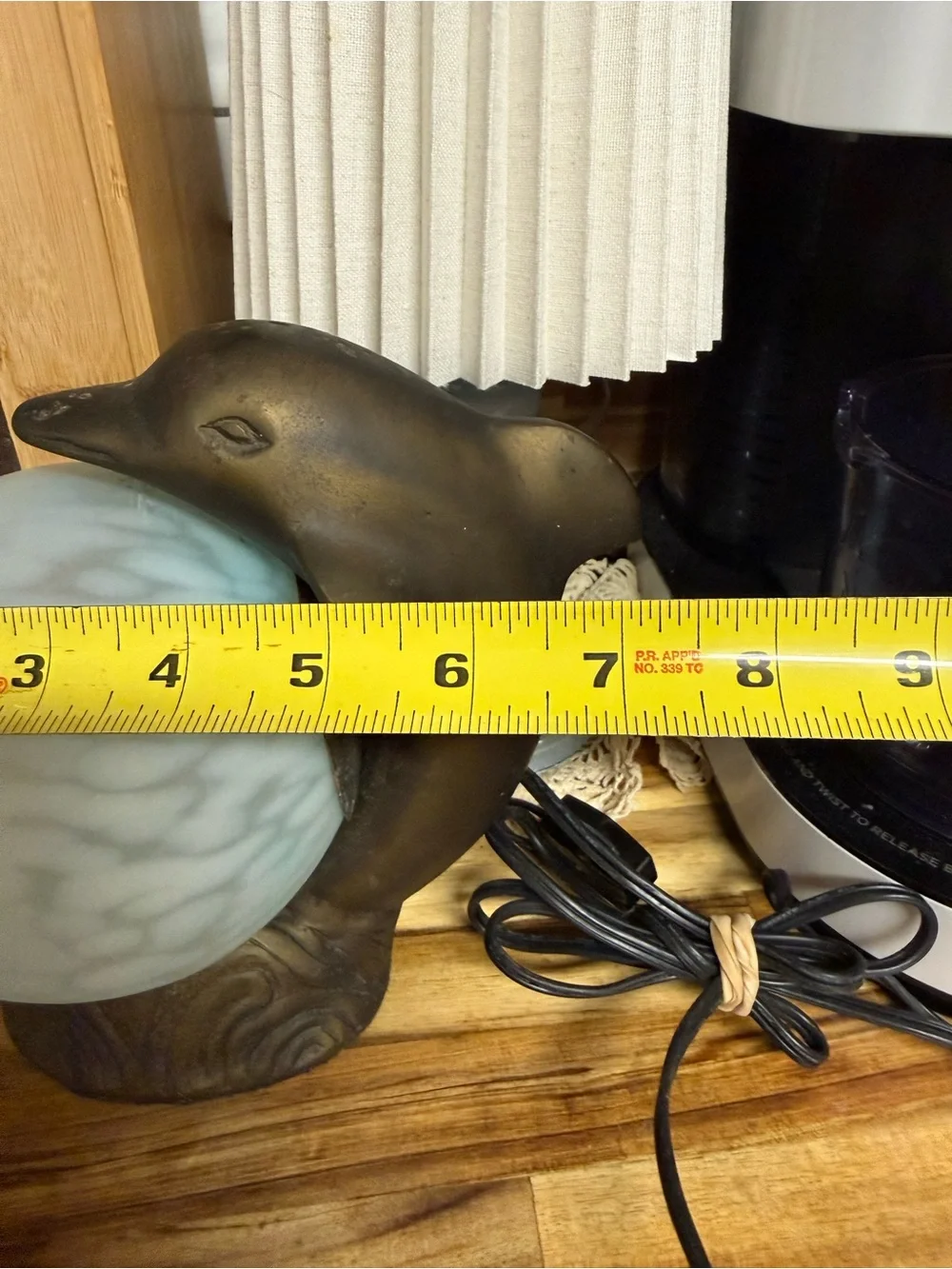 Dolphin Table Lamp SOLID BRASS Frosted Blue Glass Globe vintage art deco